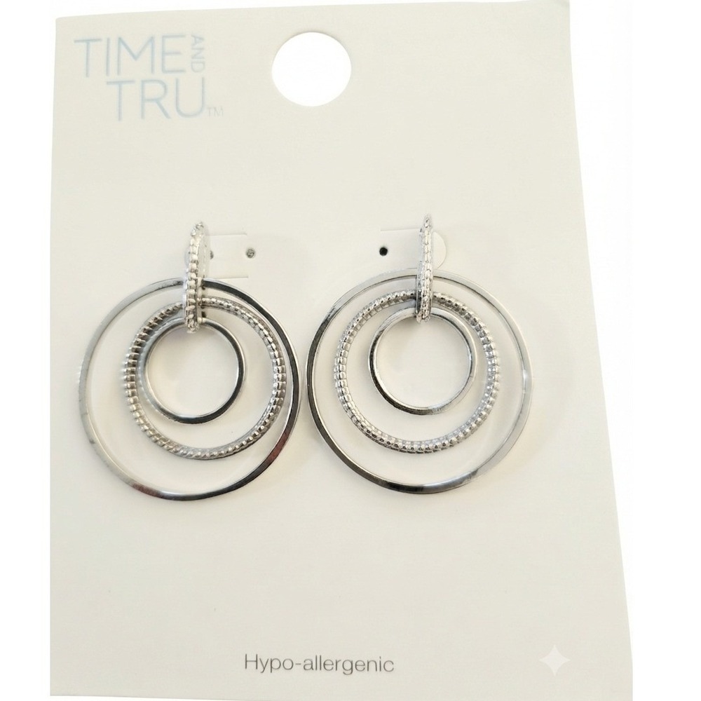 Time and Tru Silver Tone Triple Hoop Drop Earrings Hypoallergenic Textured New